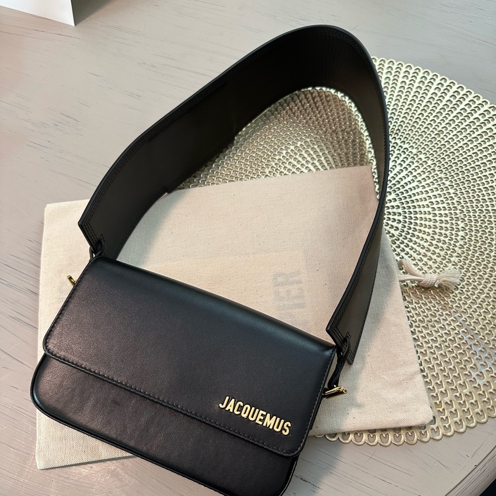 Jacquemus Black Leather Shoulder Bag with Gold Logo